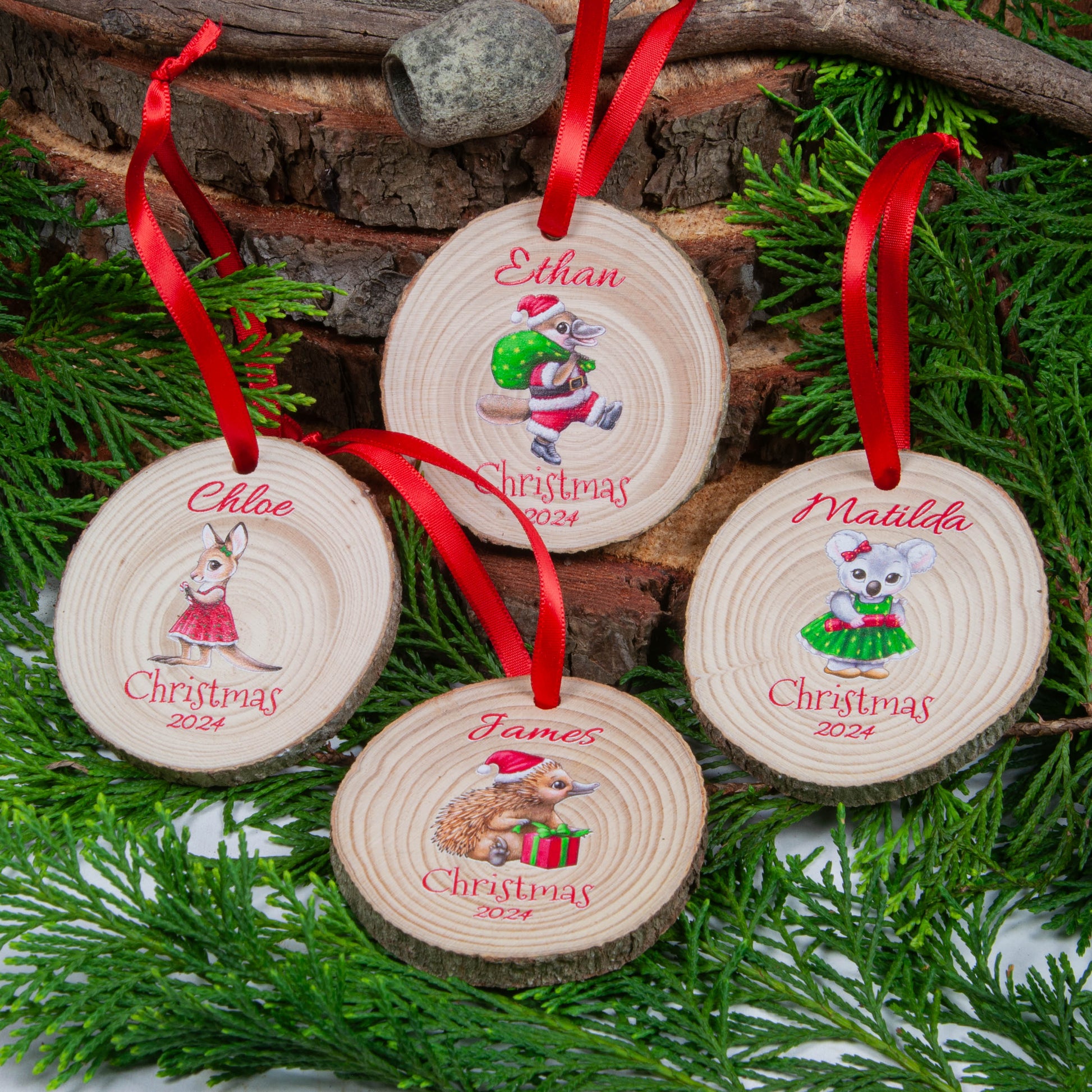 Four Personalised Australian Animal Ornament wood slices