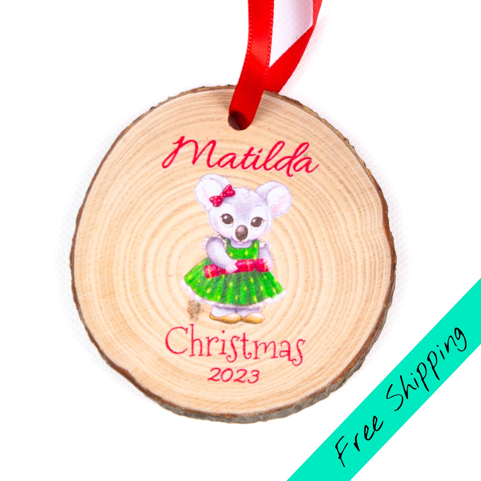 Koala ornament personalised wood slice on white background