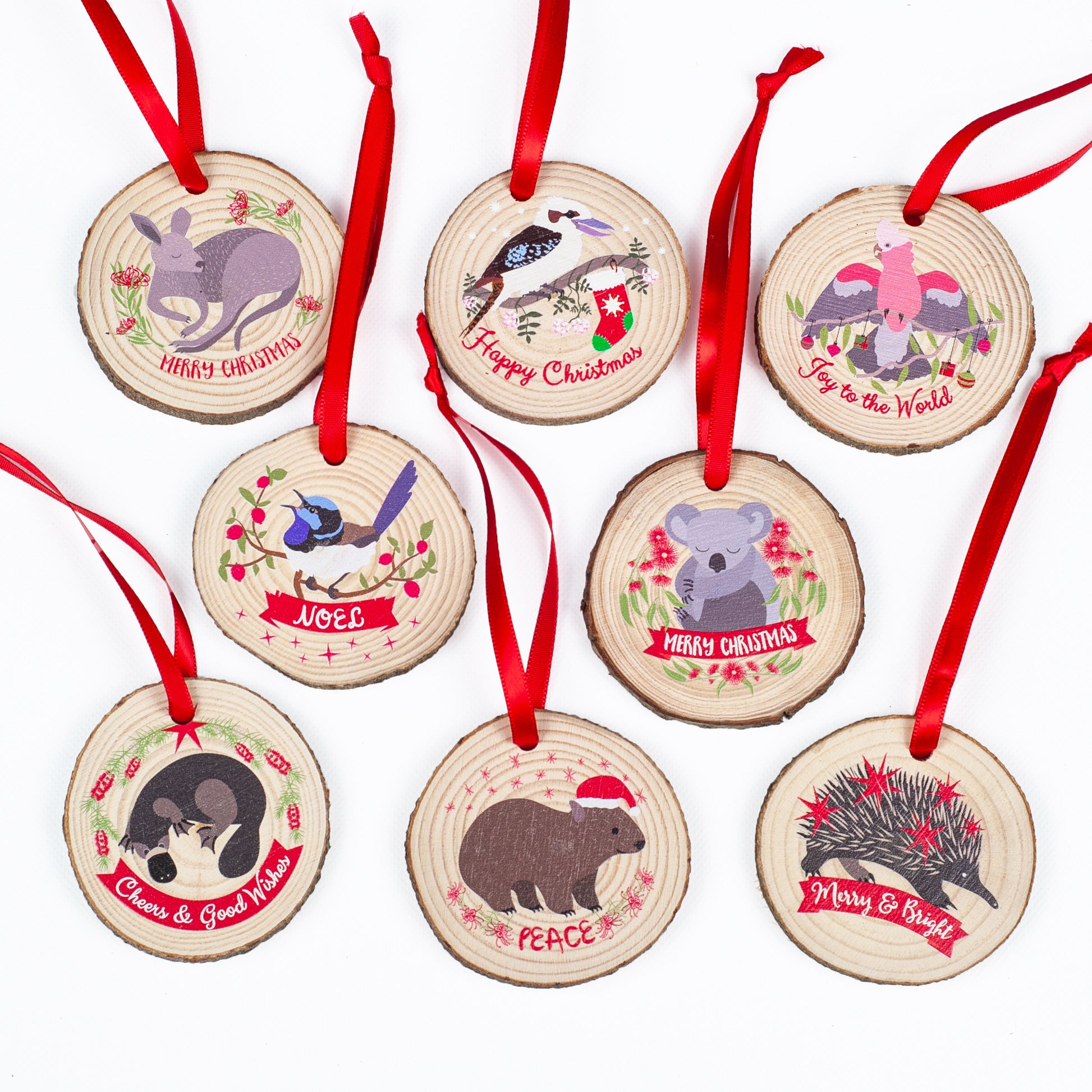 Set of 8 Australian Animal Ornaments for Christmas Gift on wood slices