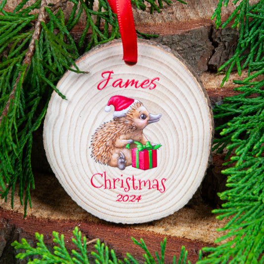 Personalised Christmas ornament wood slice with echidna design