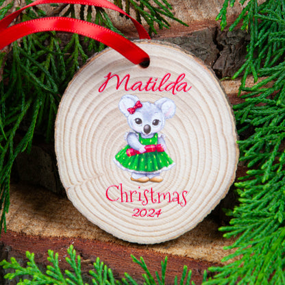 Personalised Christmas Ornament Koala on wood slice