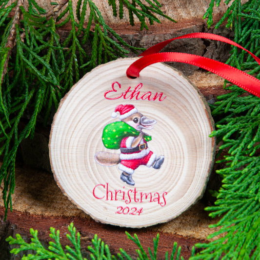 Personalised Christmas ornament wood slice with platypus design